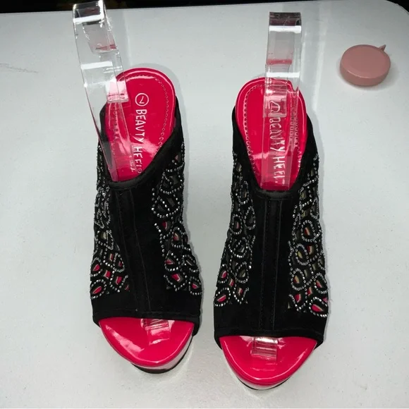 Beauty heels rhinestone vtg wedges faux suede bright pink patent leather sz 7 - Picture 2 of 5
